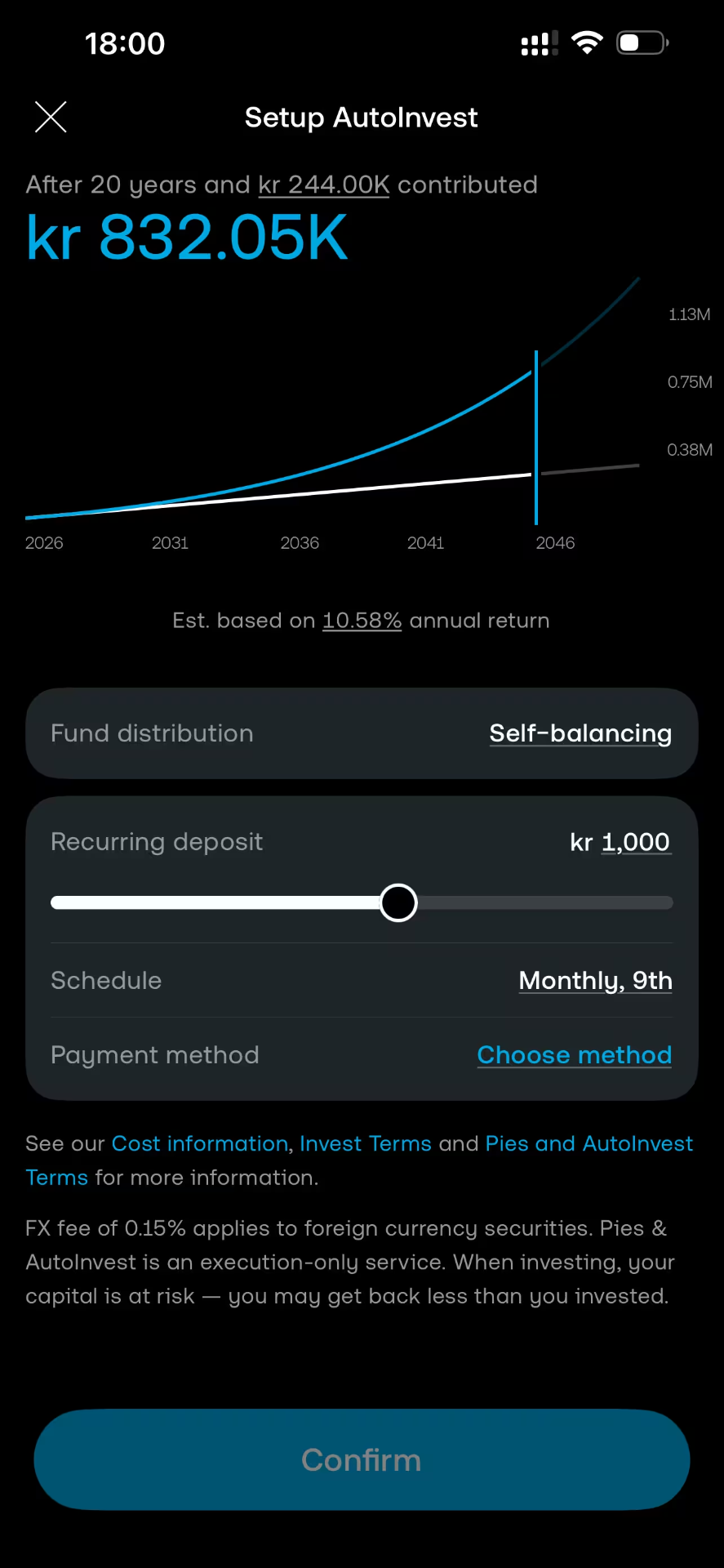 Trading 212 AutoInvest — projected growth chart with a recurring monthly deposit and schedule