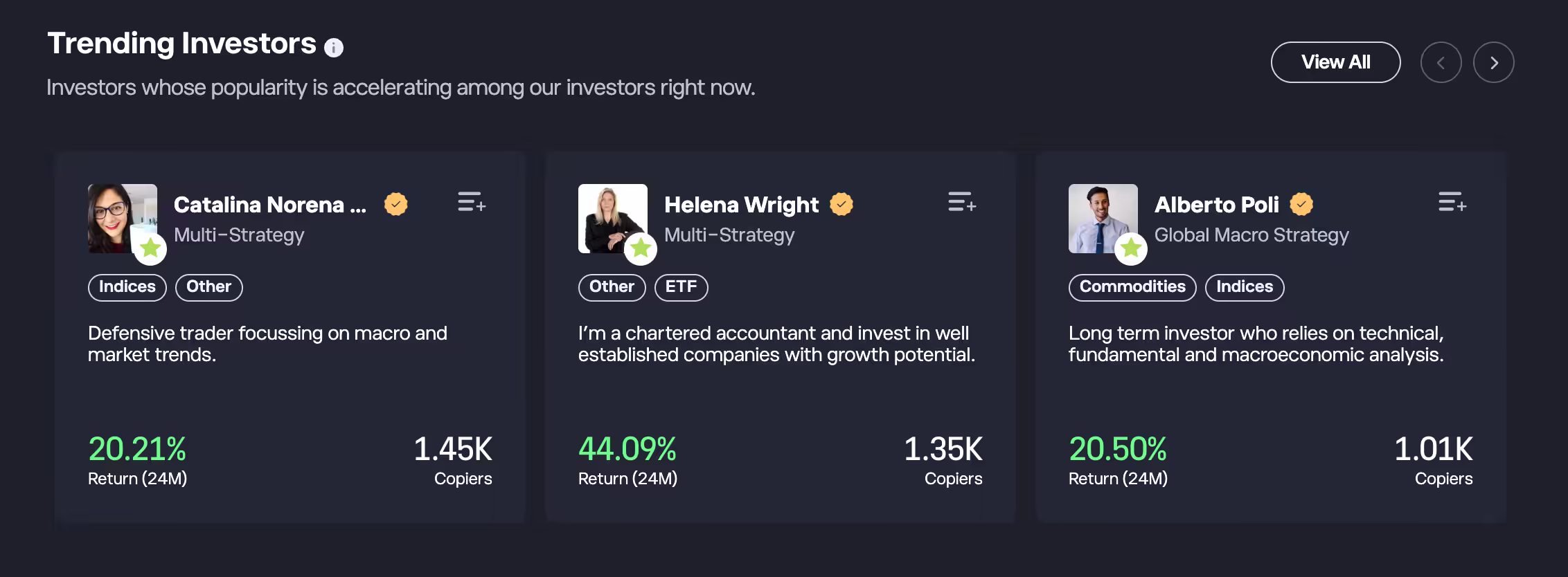 eToro CopyTrader on desktop showing Popular Investors and their public track records