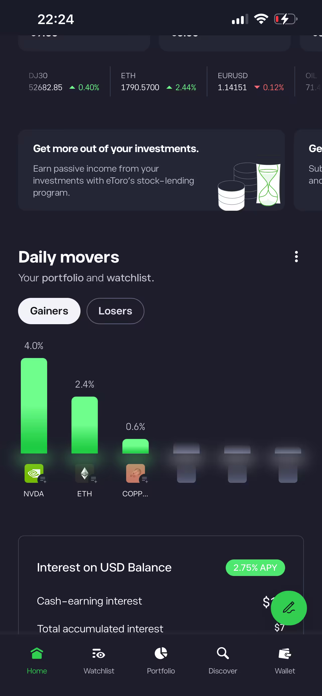 eToro daily movers screen showing top rising and falling markets