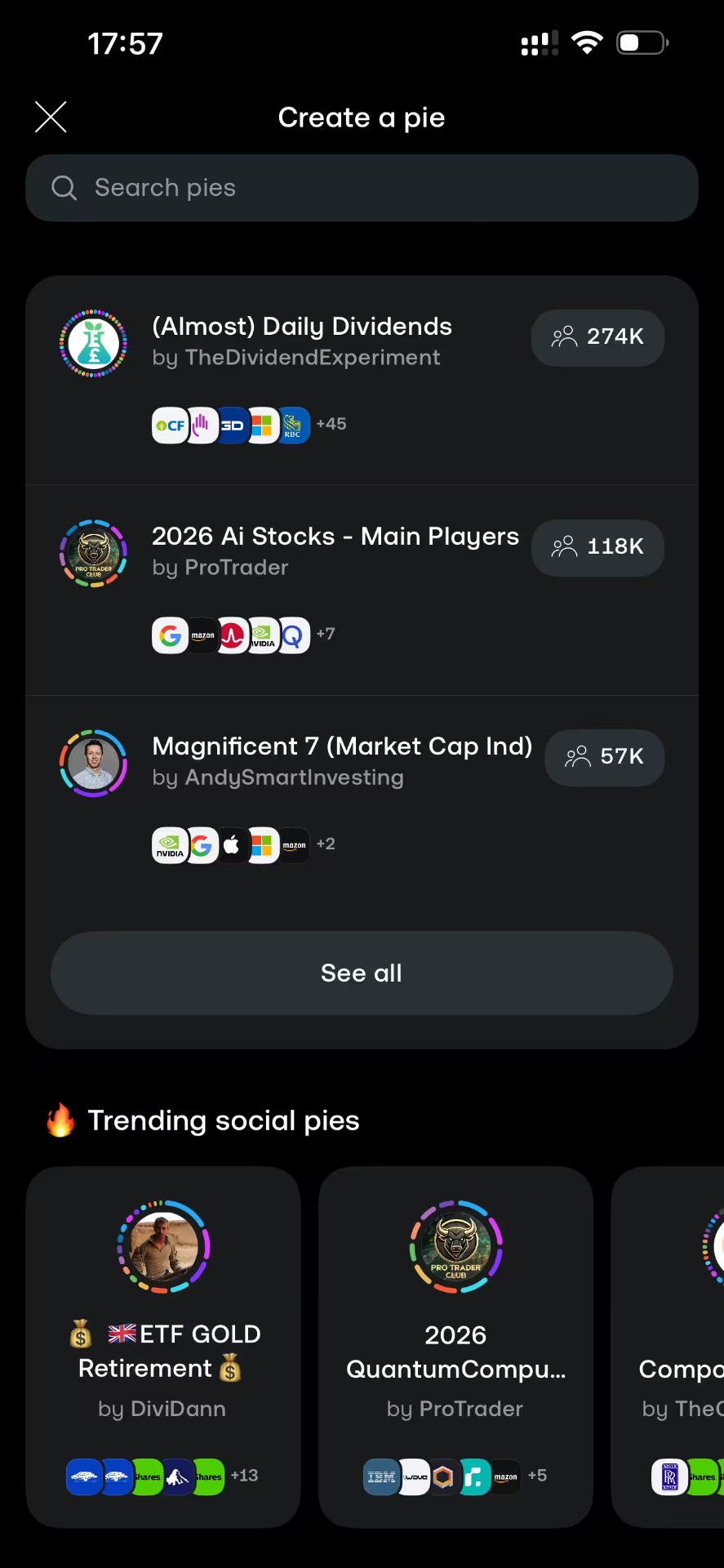 Trading 212 community Pies — browsing shared portfolios such as dividend and AI baskets