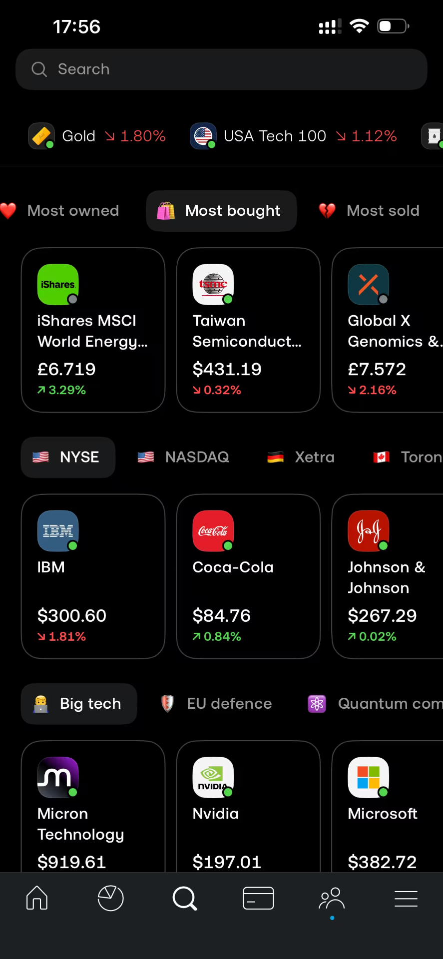 Trading 212 stock and ETF discovery screen with the Most bought filter and exchange tabs