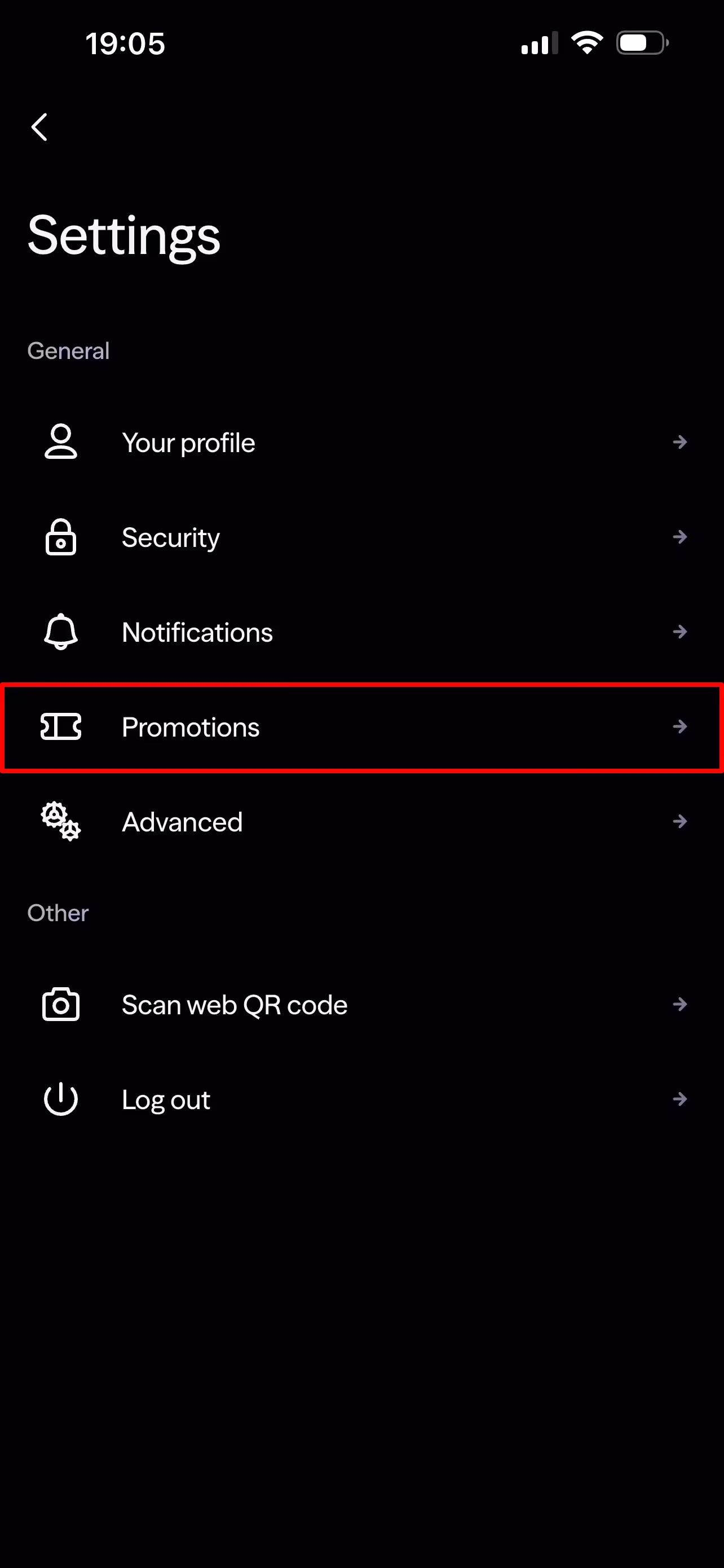 Lightyear settings screen showing the Promotions option