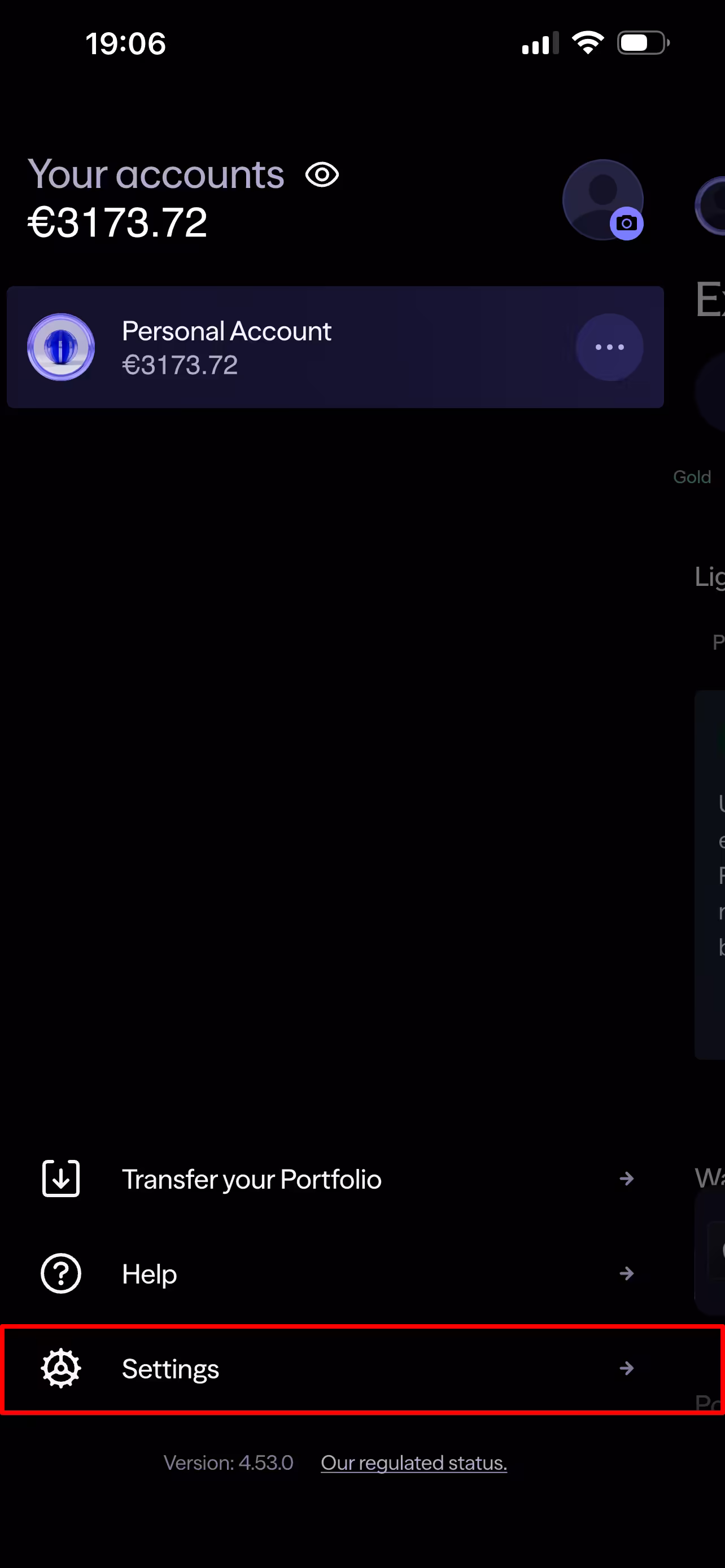 Lightyear account menu with the Settings option at the bottom