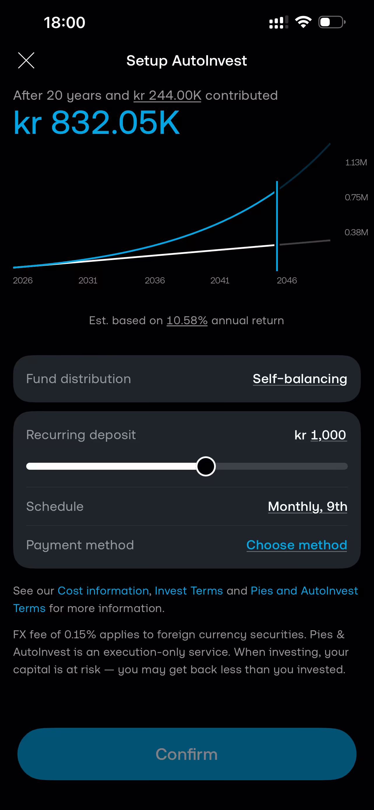 Trading 212 AutoInvest — projected growth chart with a recurring monthly deposit and schedule