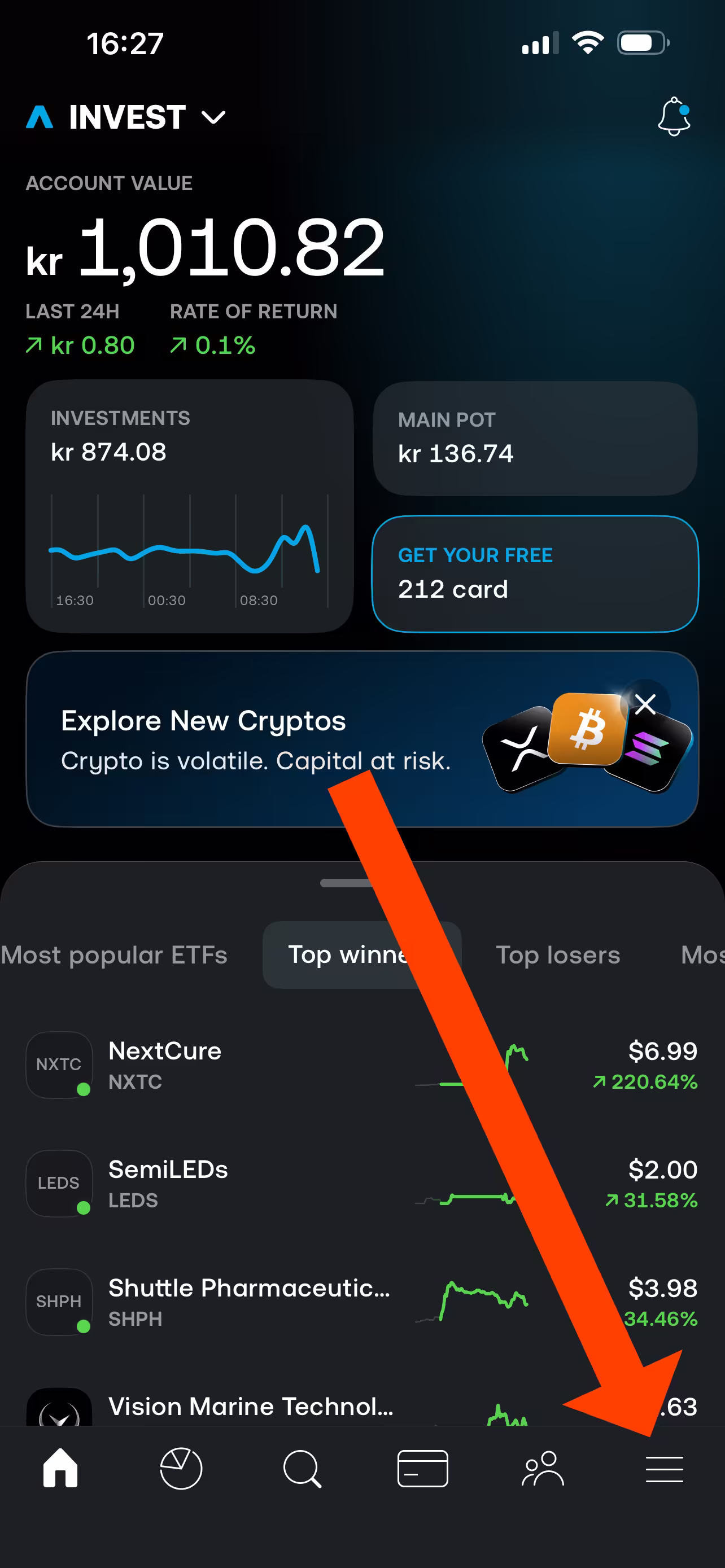 Trading 212 app home screen with the profile menu icon in the top corner
