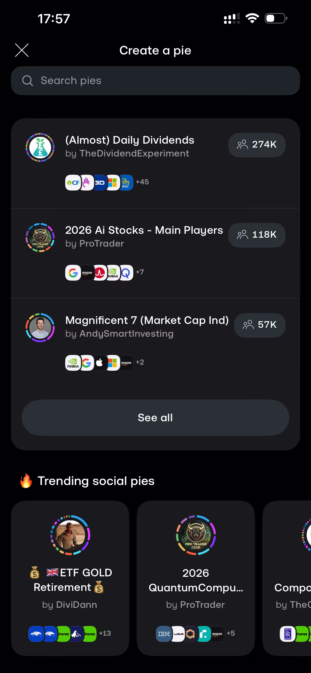 Trading 212 investing Pies — browsing shared portfolios built by other investors