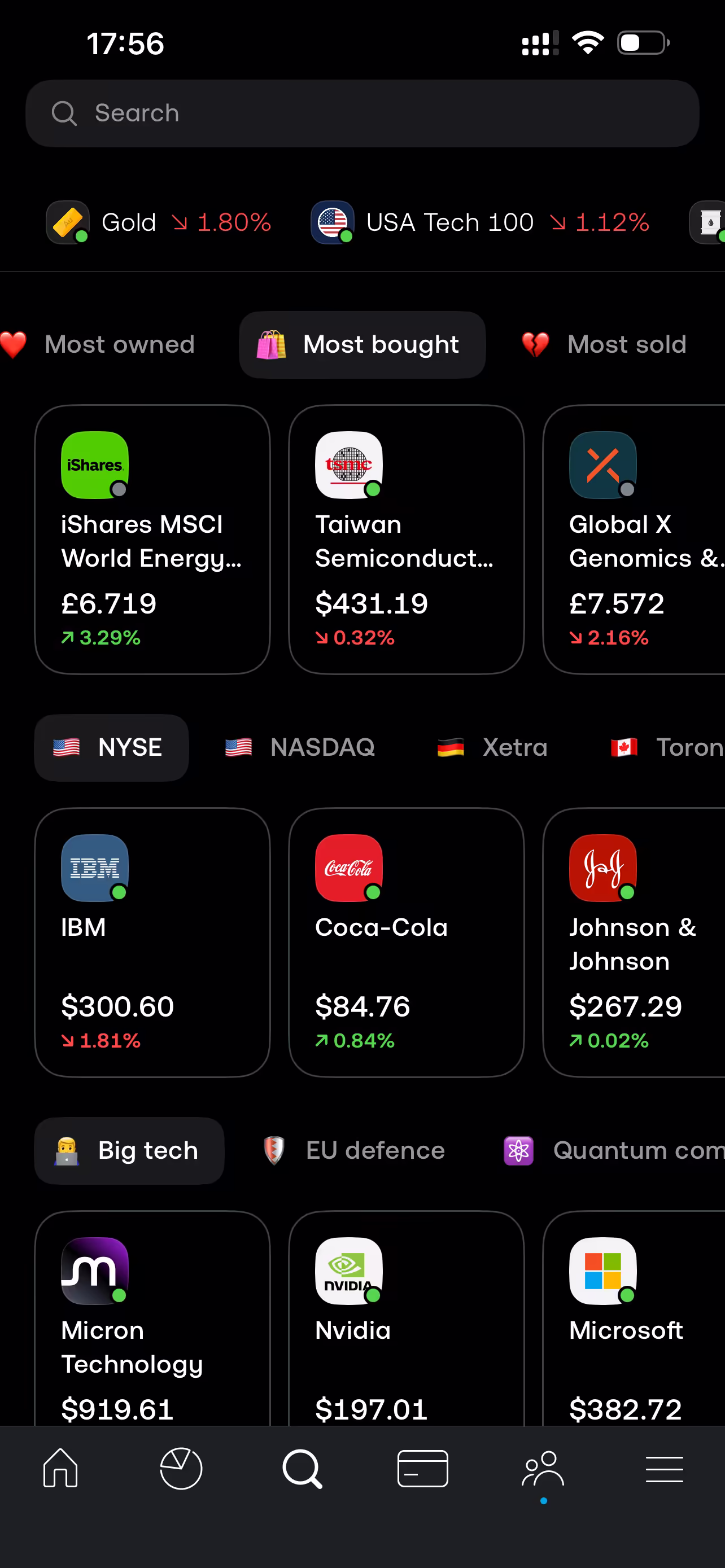 Trading 212 app search page showing instrument search results
