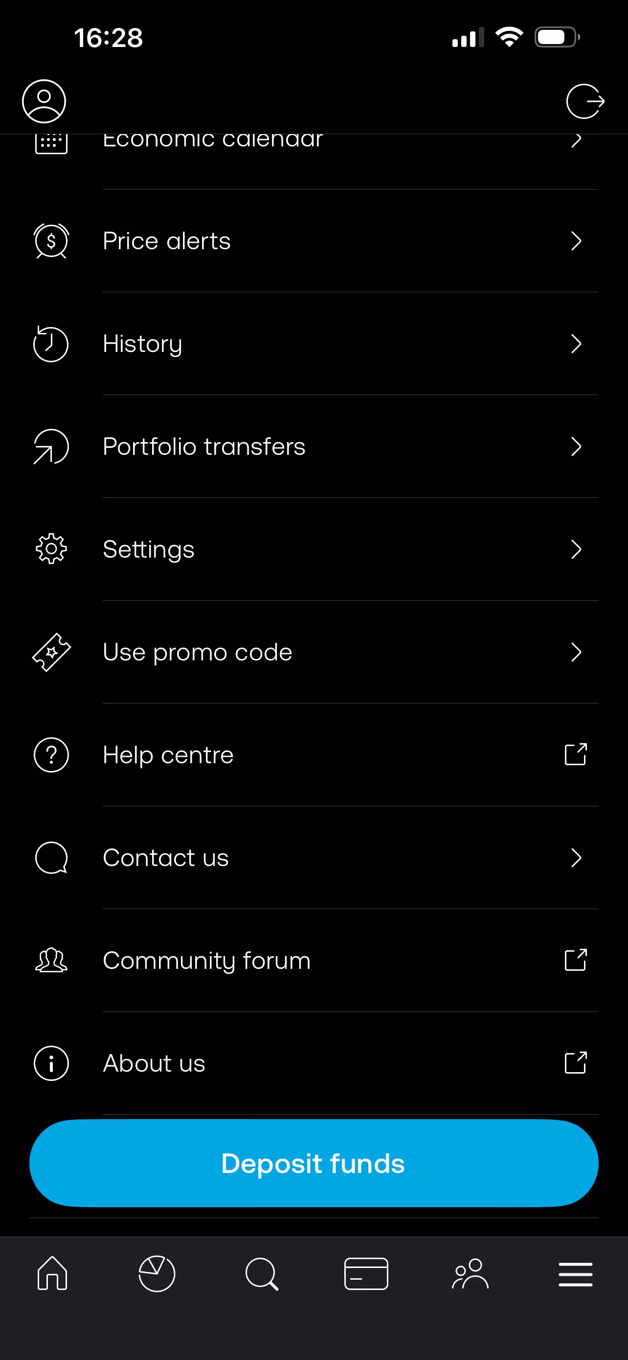 Trading 212 profile settings menu showing the "Use promo code" option